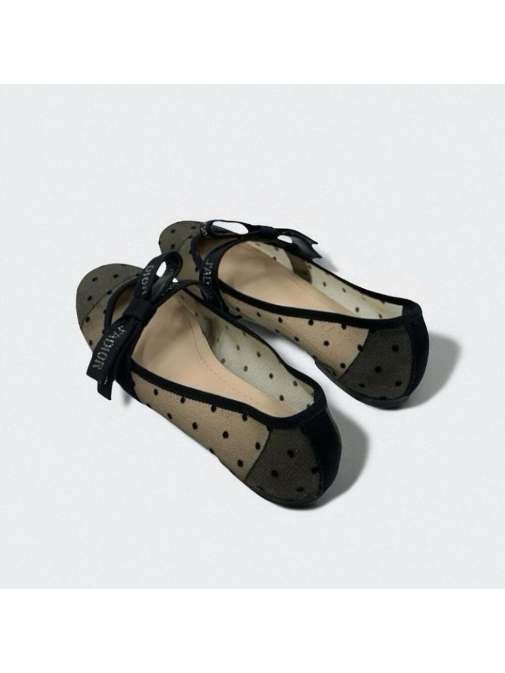 Christian Dior Ja Flat Shoes Mesh Fabric Black Logo Dot Ribbon Rhinestone - Picture 6 of 10